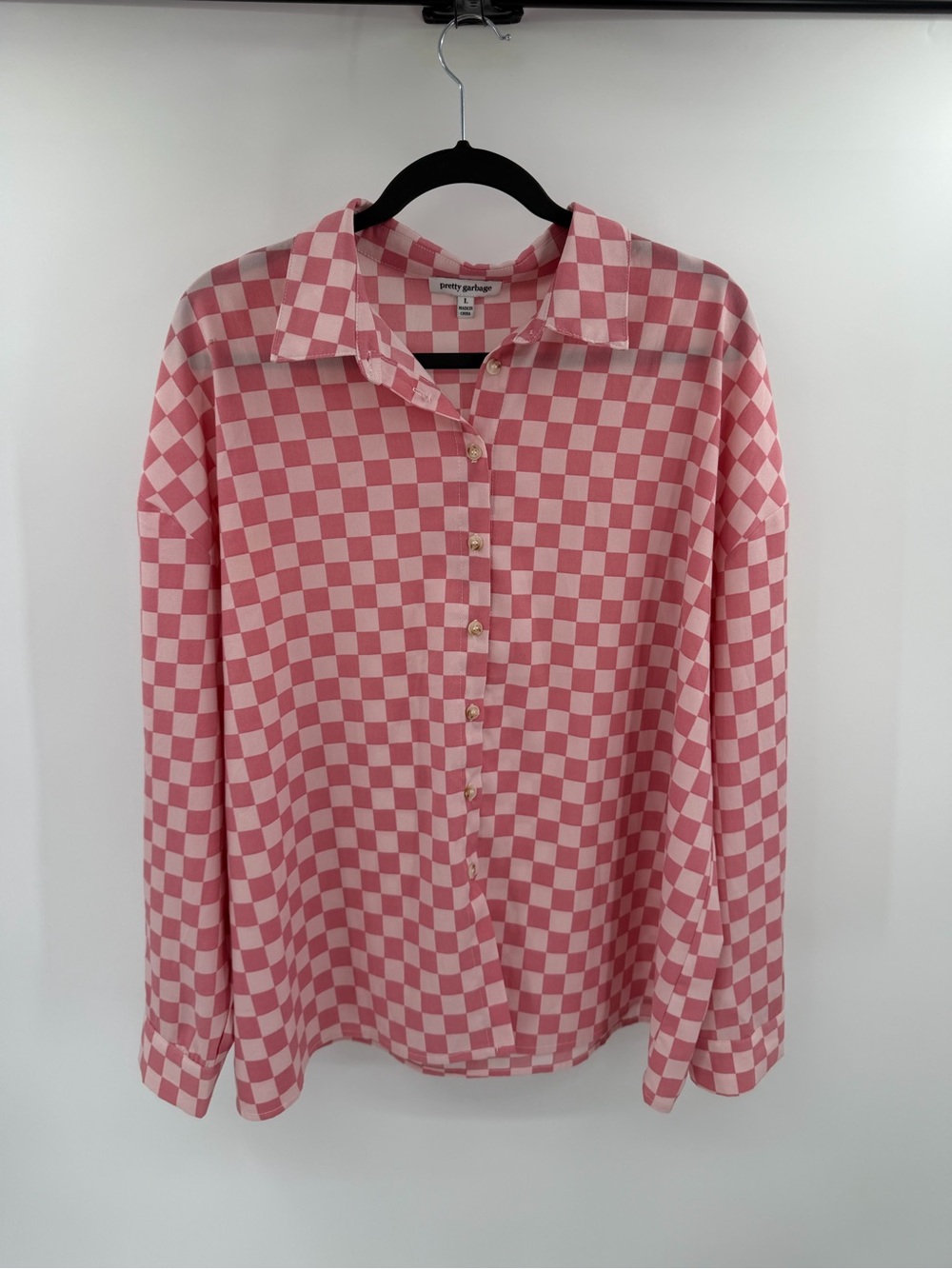 Pretty Garbage Pink Checkered Button-Down Shirt Oversized Large - Picture 2 of 6